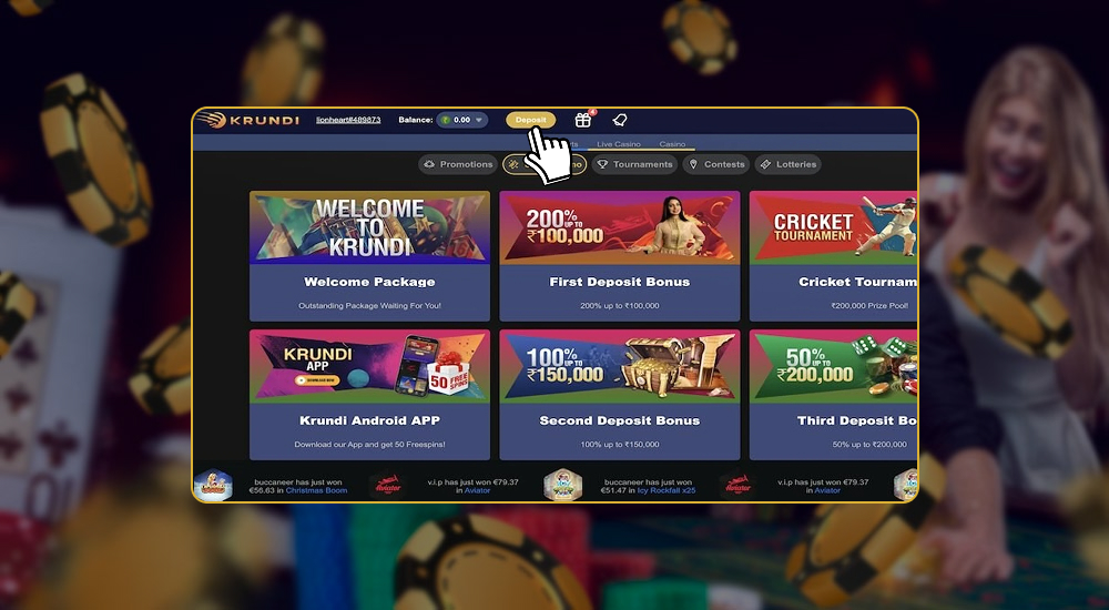 Make a deposit on the Krundi casino website.